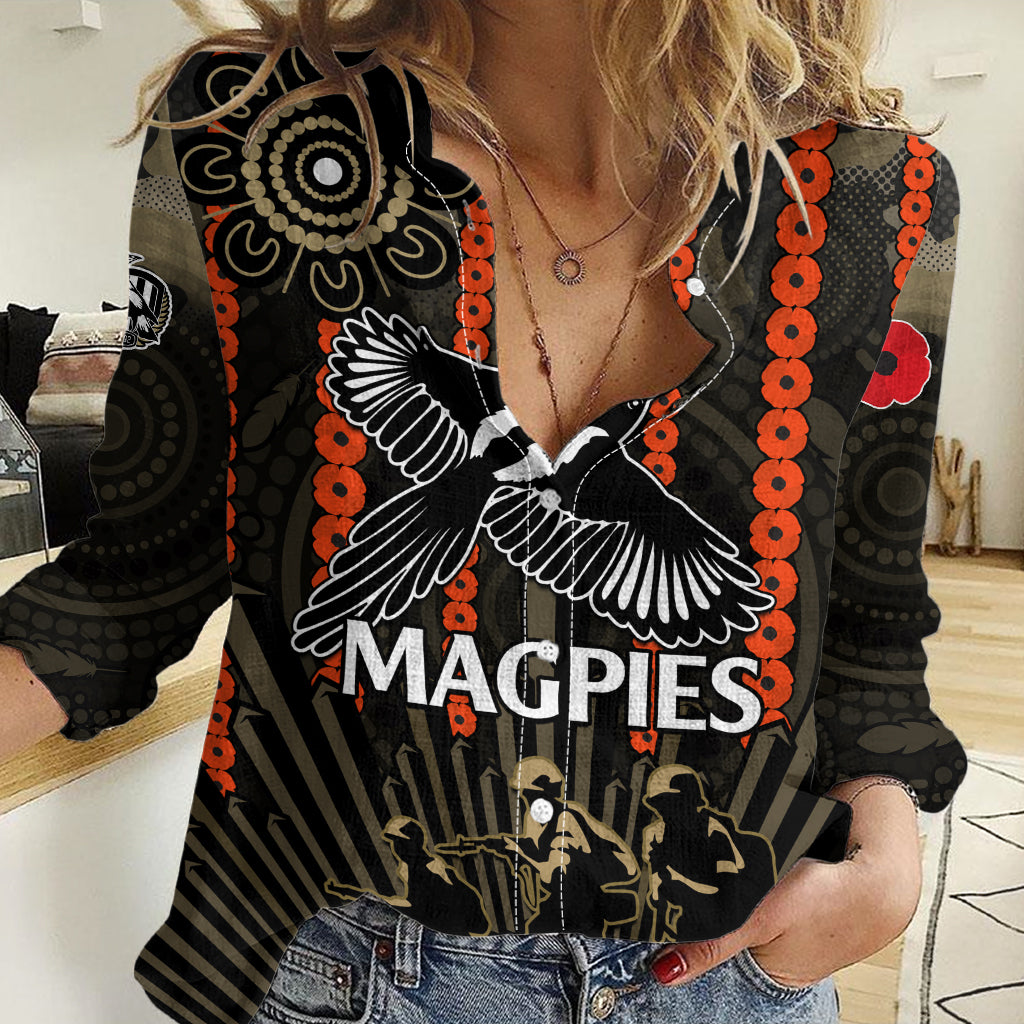 (Custom Text And Number) ANZAC Collingwood Football Women Casual Shirt Proud To Be Magpies Poppy Flowers and Aboriginal Version LT9