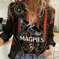 (Custom Text And Number) ANZAC Collingwood Football Women Casual Shirt Proud To Be Magpies Poppy Flowers and Aboriginal Version LT9