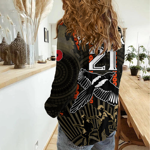 (Custom Text And Number) ANZAC Collingwood Football Women Casual Shirt Proud To Be Magpies Poppy Flowers and Aboriginal Version LT9