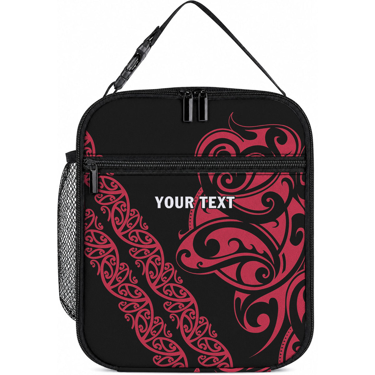 All Black Maori Tribal Tattoo Personalised Lunch Bag Classic Red Polynesian Style