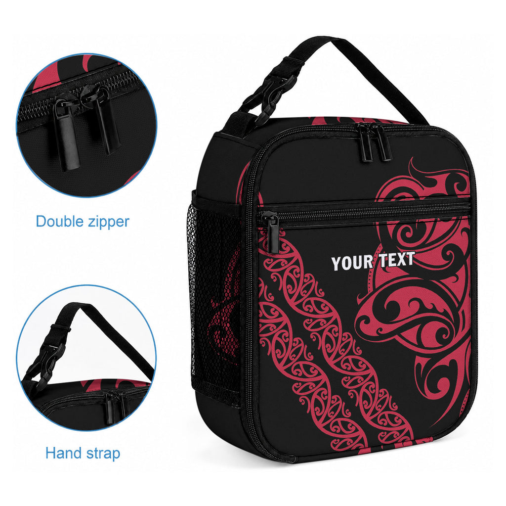 All Black Maori Tribal Tattoo Personalised Lunch Bag Classic Red Polynesian Style