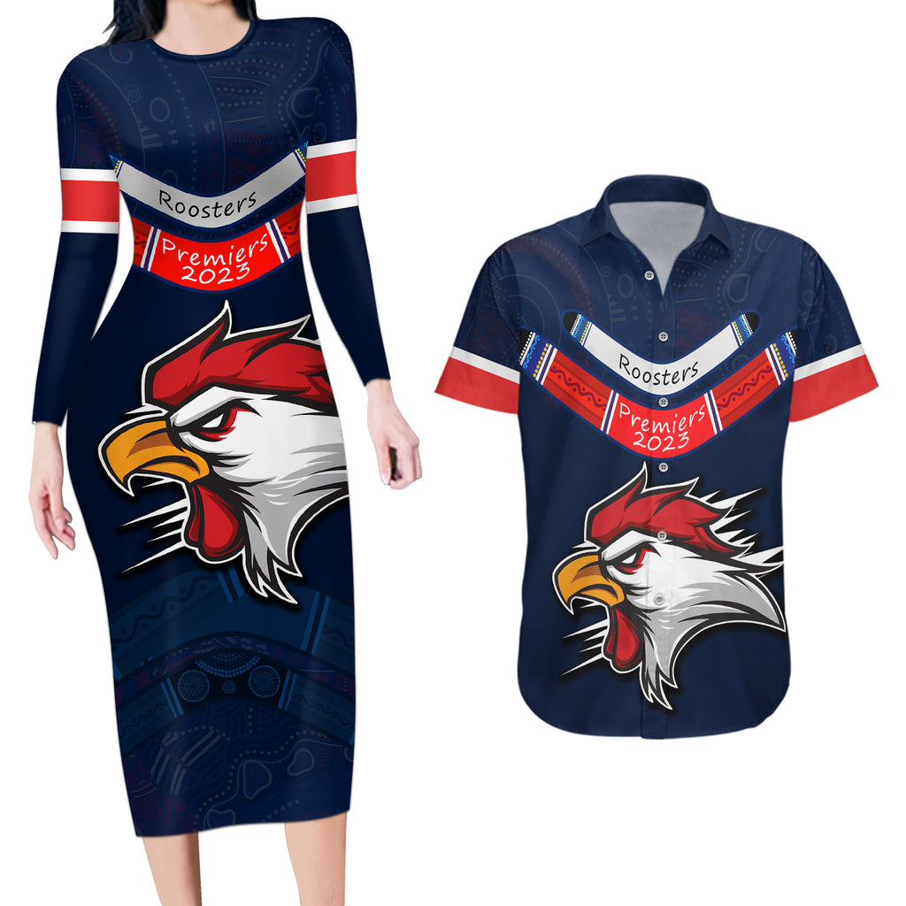 roosters-permier-2023-couples-matching-long-sleeve-bodycon-dress-and-hawaiian-shirt-nrl-mascot-with-aboriginal