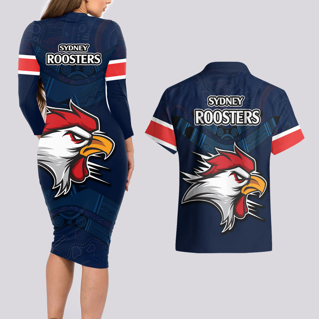 roosters-permier-2023-couples-matching-long-sleeve-bodycon-dress-and-hawaiian-shirt-nrl-mascot-with-aboriginal