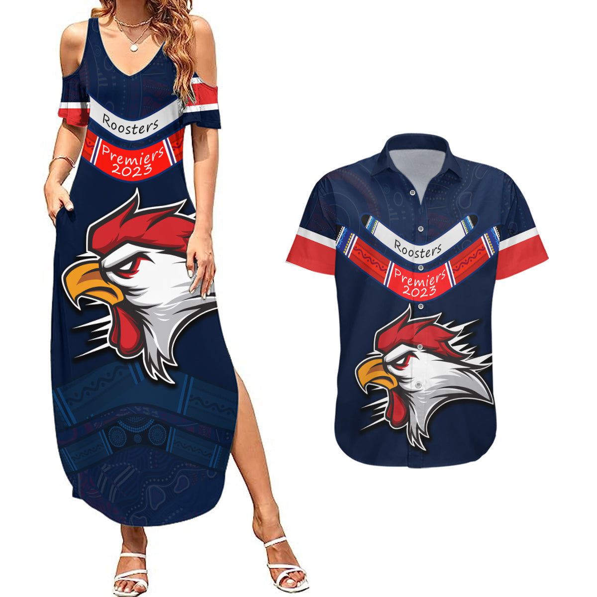 roosters-permier-2023-couples-matching-summer-maxi-dress-and-hawaiian-shirt-nrl-mascot-with-aboriginal