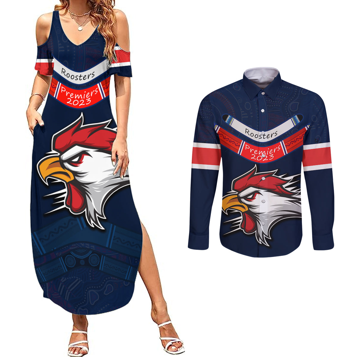roosters-permier-2023-couples-matching-summer-maxi-dress-and-long-sleeve-button-shirts-nrl-mascot-with-aboriginal