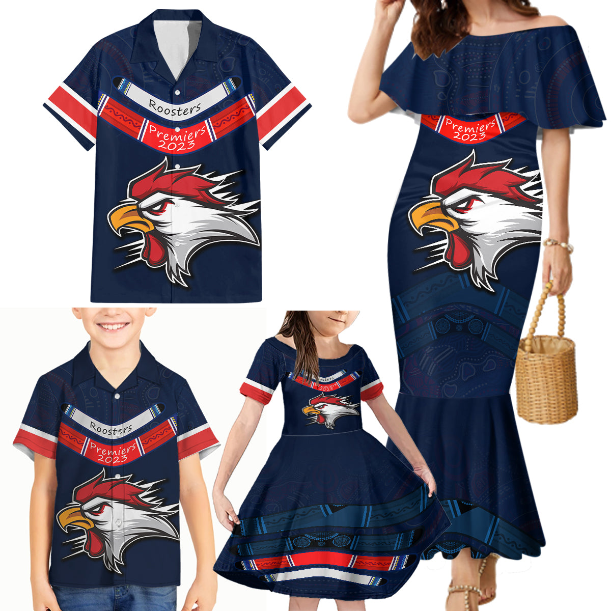 roosters-permier-2023-family-matching-mermaid-dress-and-hawaiian-shirt-nrl-mascot-with-aboriginal