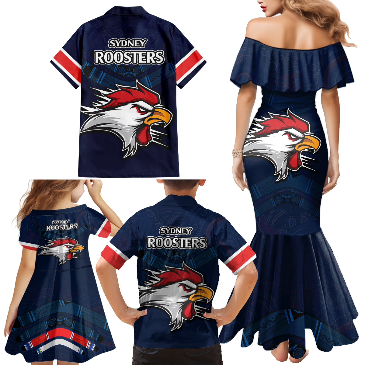 roosters-permier-2023-family-matching-mermaid-dress-and-hawaiian-shirt-nrl-mascot-with-aboriginal