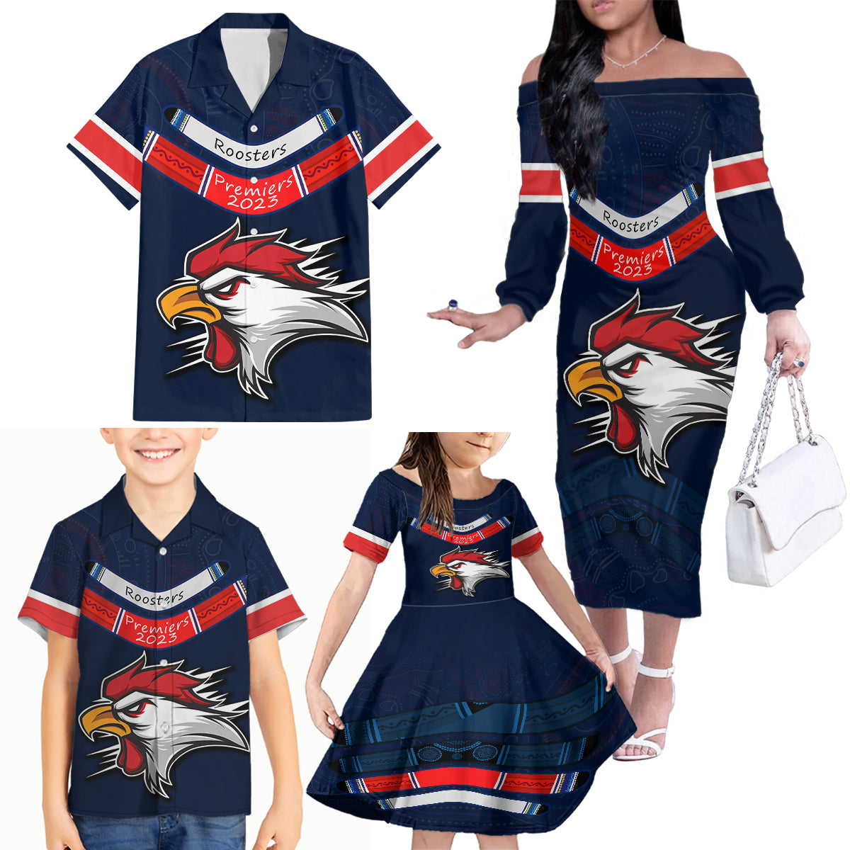 roosters-permier-2023-family-matching-off-shoulder-long-sleeve-dress-and-hawaiian-shirt-nrl-mascot-with-aboriginal