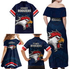 roosters-permier-2023-family-matching-off-shoulder-long-sleeve-dress-and-hawaiian-shirt-nrl-mascot-with-aboriginal