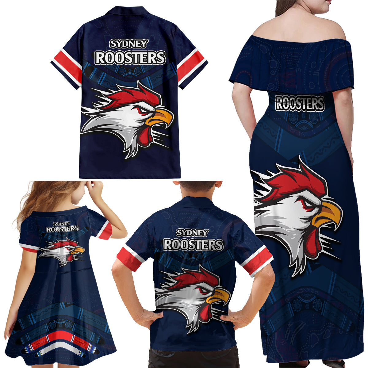 roosters-permier-2023-family-matching-off-shoulder-long-sleeve-dress-and-hawaiian-shirt-nrl-mascot-with-aboriginal