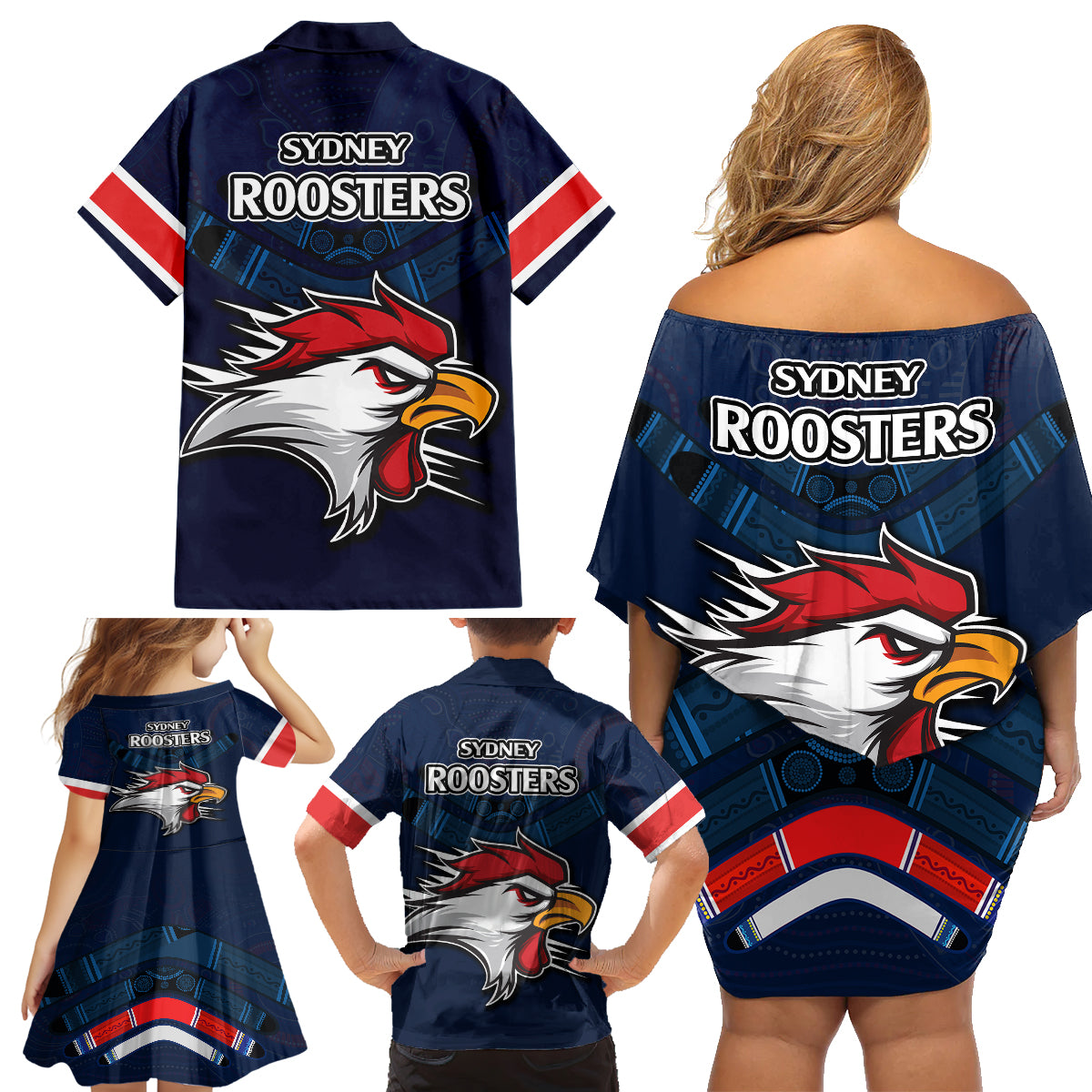 roosters-permier-2023-family-matching-off-shoulder-short-dress-and-hawaiian-shirt-nrl-mascot-with-aboriginal