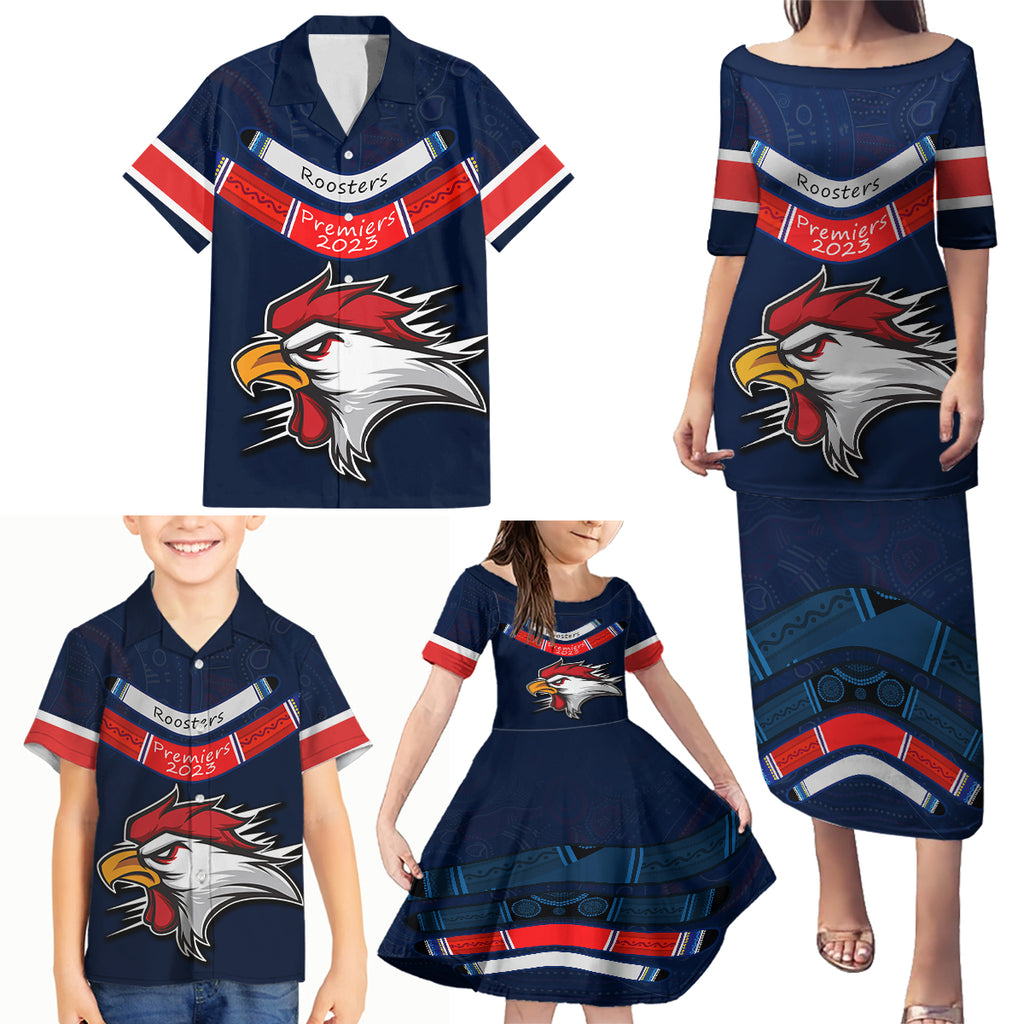 roosters-permier-2023-family-matching-puletasi-dress-and-hawaiian-shirt-nrl-mascot-with-aboriginal