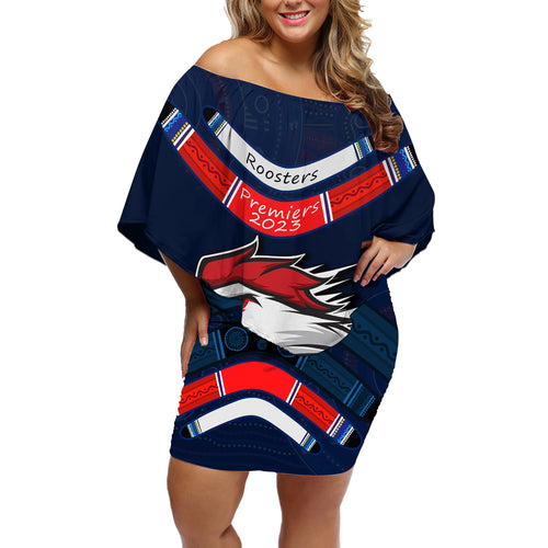 roosters-permier-2023-off-shoulder-short-dress-nrl-mascot-with-aboriginal