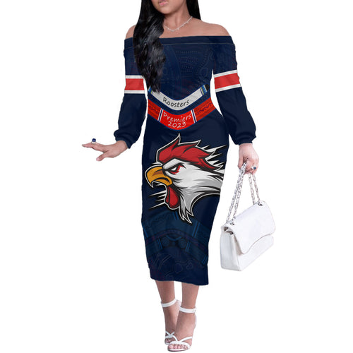 roosters-permier-2023-off-the-shoulder-long-sleeve-dress-nrl-mascot-with-aboriginal