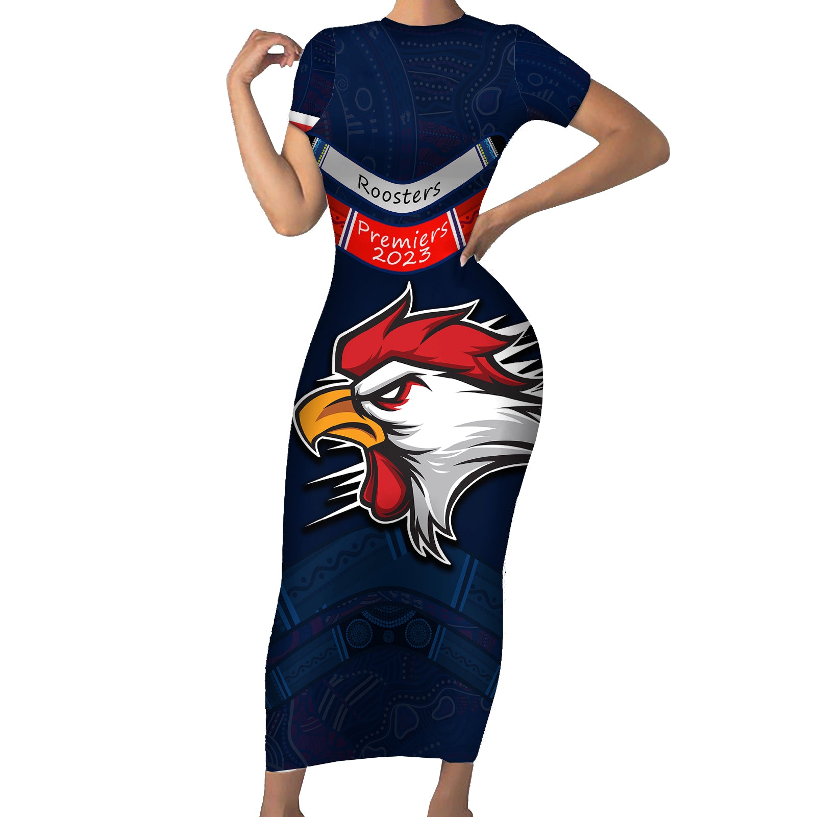 roosters-permier-2023-short-sleeve-bodycon-dress-nrl-mascot-with-aboriginal
