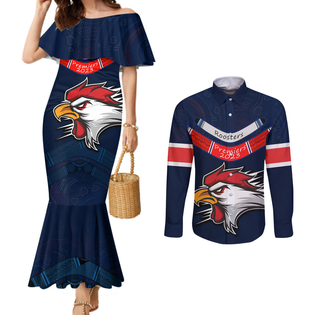 custom-roosters-permier-2023-couples-matching-mermaid-dress-and-long-sleeve-button-shirts-nrl-mascot-with-aboriginal