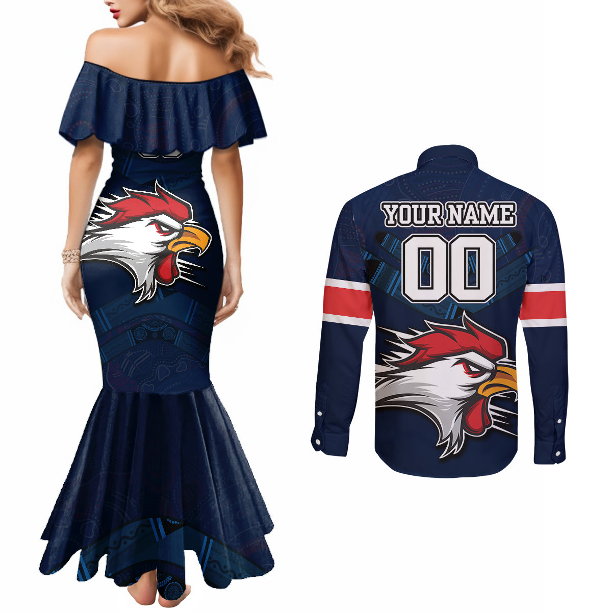 custom-roosters-permier-2023-couples-matching-mermaid-dress-and-long-sleeve-button-shirts-nrl-mascot-with-aboriginal
