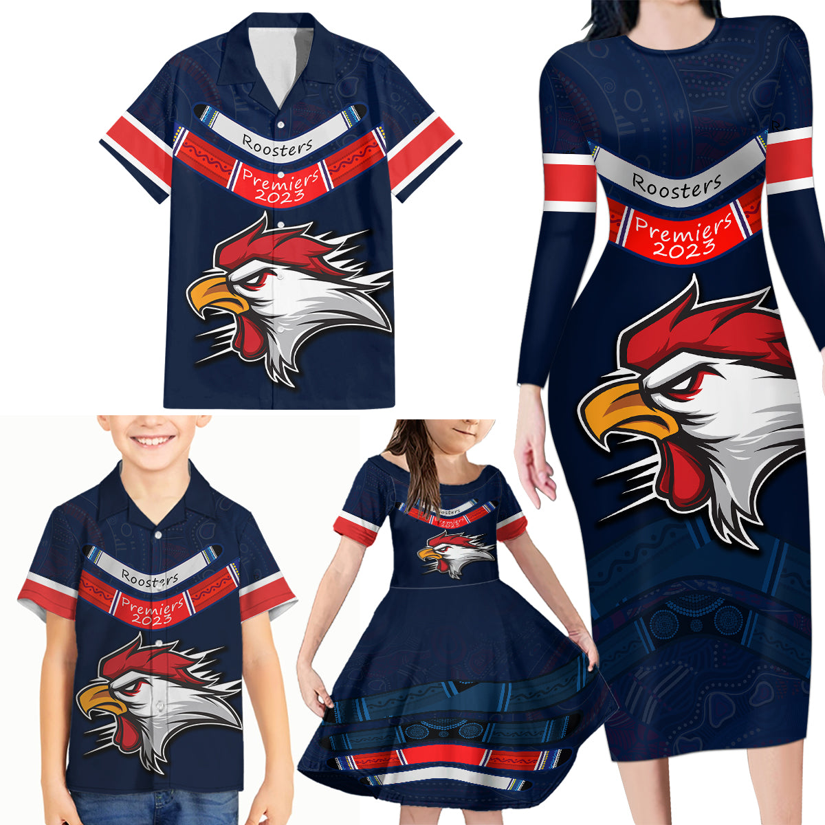 custom-roosters-permier-2023-family-matching-long-sleeve-bodycon-dress-and-hawaiian-shirt-nrl-mascot-with-aboriginal