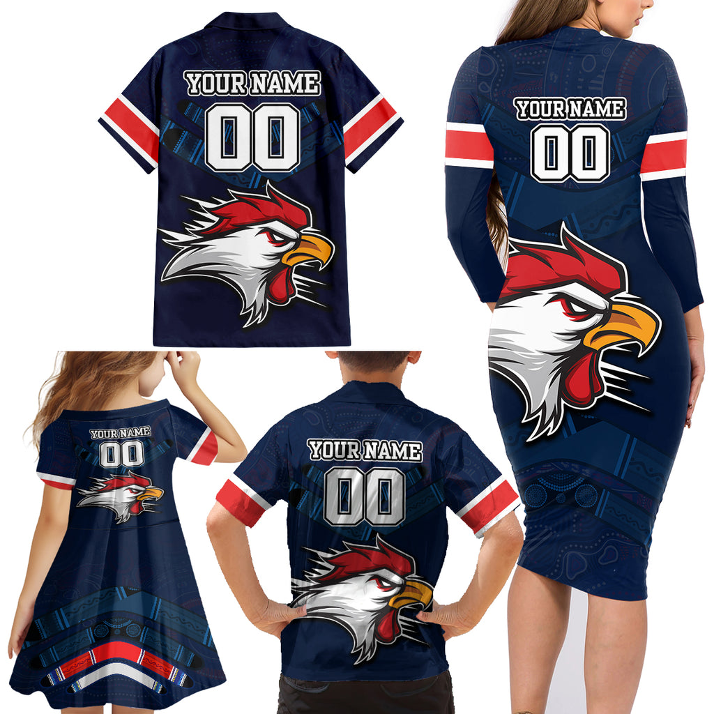 custom-roosters-permier-2023-family-matching-long-sleeve-bodycon-dress-and-hawaiian-shirt-nrl-mascot-with-aboriginal