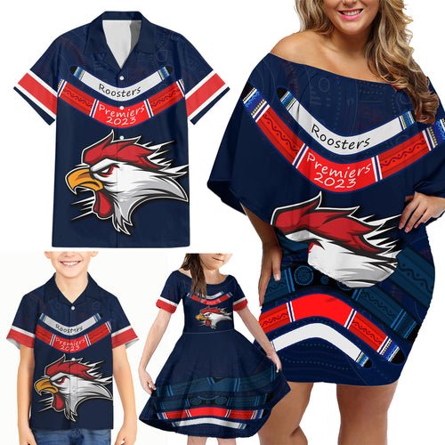 custom-roosters-permier-2023-family-matching-off-shoulder-short-dress-and-hawaiian-shirt-nrl-mascot-with-aboriginal