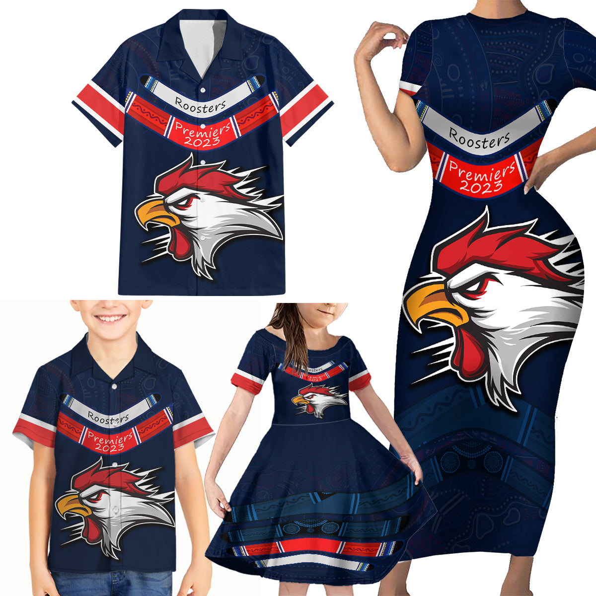 custom-roosters-permier-2023-family-matching-short-sleeve-bodycon-dress-and-hawaiian-shirt-nrl-mascot-with-aboriginal