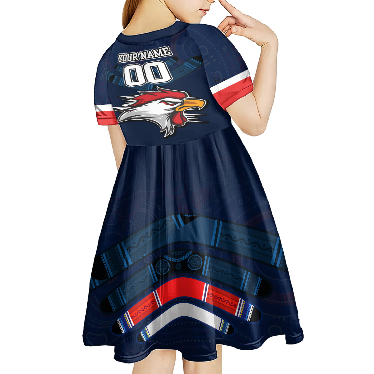 custom-roosters-permier-2023-kid-short-sleeve-dress-nrl-mascot-with-aboriginal