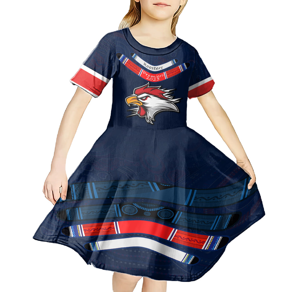custom-roosters-permier-2023-kid-short-sleeve-dress-nrl-mascot-with-aboriginal
