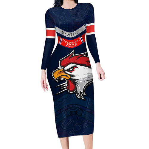 custom-roosters-permier-2023-long-sleeve-bodycon-dress-nrl-mascot-with-aboriginal