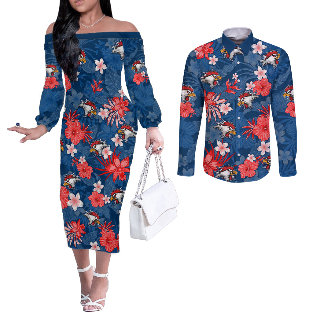custom-roosters-rugby-couples-matching-off-the-shoulder-long-sleeve-dress-and-long-sleeve-button-shirts-beautiful-floral-pattern-spring-summer-vibe