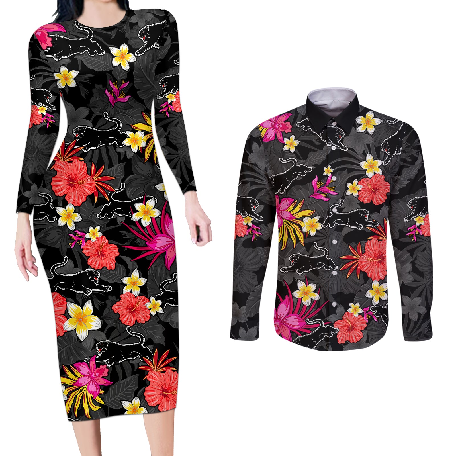 panthers-rugby-couples-matching-long-sleeve-bodycon-dress-and-long-sleeve-button-shirts-beautiful-floral-pattern-spring-summer-vibe