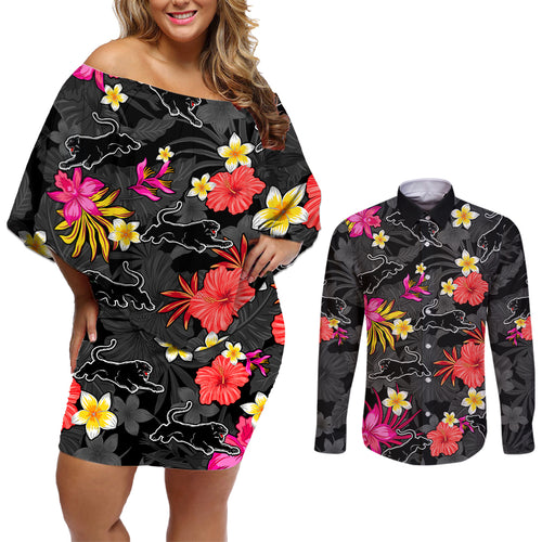 panthers-rugby-couples-matching-off-shoulder-short-dress-and-long-sleeve-button-shirts-beautiful-floral-pattern-spring-summer-vibe