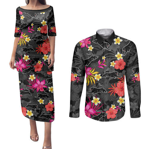 panthers-rugby-couples-matching-puletasi-dress-and-long-sleeve-button-shirts-beautiful-floral-pattern-spring-summer-vibe