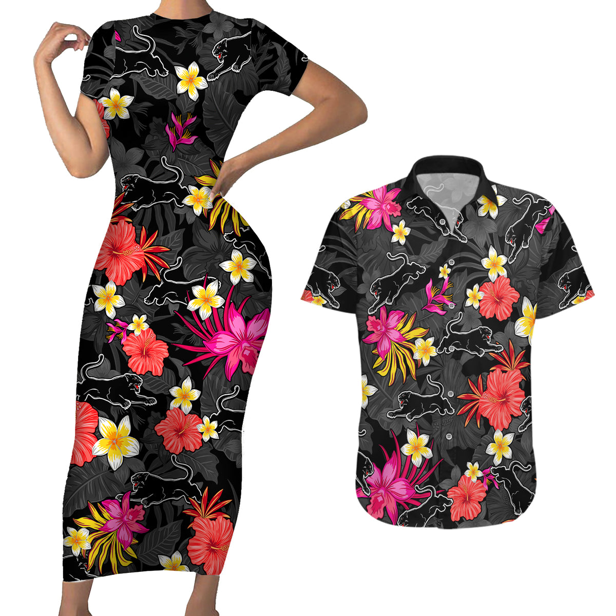panthers-rugby-couples-matching-short-sleeve-bodycon-dress-and-hawaiian-shirt-beautiful-floral-pattern-spring-summer-vibe