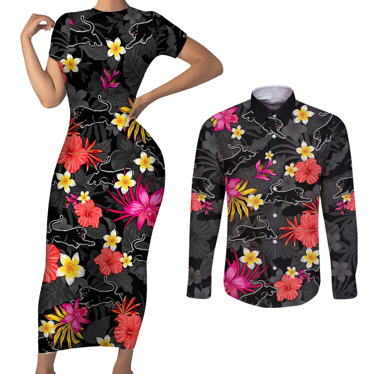panthers-rugby-couples-matching-short-sleeve-bodycon-dress-and-long-sleeve-button-shirts-beautiful-floral-pattern-spring-summer-vibe