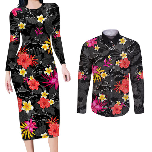 custom-panthers-rugby-couples-matching-long-sleeve-bodycon-dress-and-long-sleeve-button-shirts-beautiful-floral-pattern-spring-summer-vibe