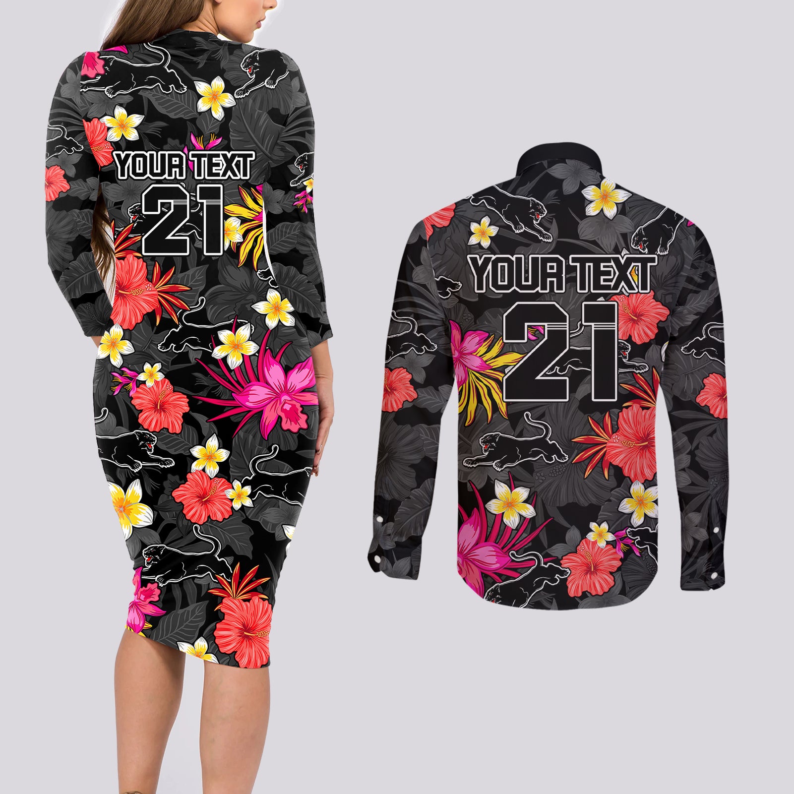 custom-panthers-rugby-couples-matching-long-sleeve-bodycon-dress-and-long-sleeve-button-shirts-beautiful-floral-pattern-spring-summer-vibe