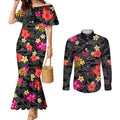 custom-panthers-rugby-couples-matching-mermaid-dress-and-long-sleeve-button-shirts-beautiful-floral-pattern-spring-summer-vibe