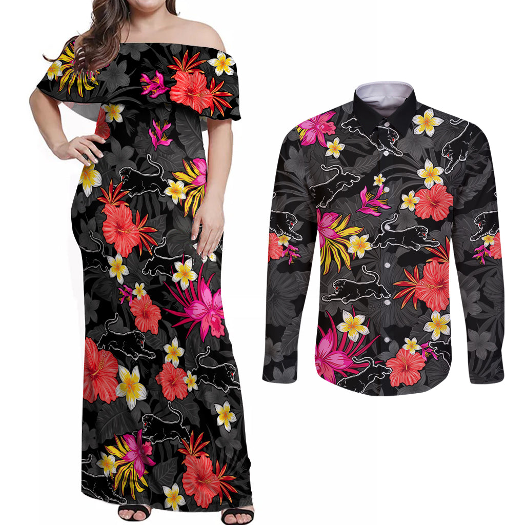custom-panthers-rugby-couples-matching-off-shoulder-maxi-dress-and-long-sleeve-button-shirts-beautiful-floral-pattern-spring-summer-vibe