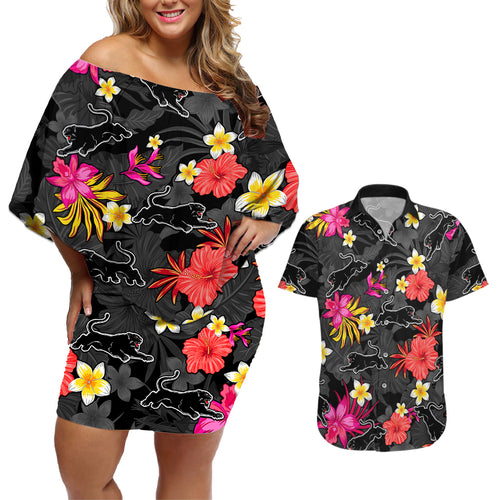 custom-panthers-rugby-couples-matching-off-shoulder-short-dress-and-hawaiian-shirt-beautiful-floral-pattern-spring-summer-vibe