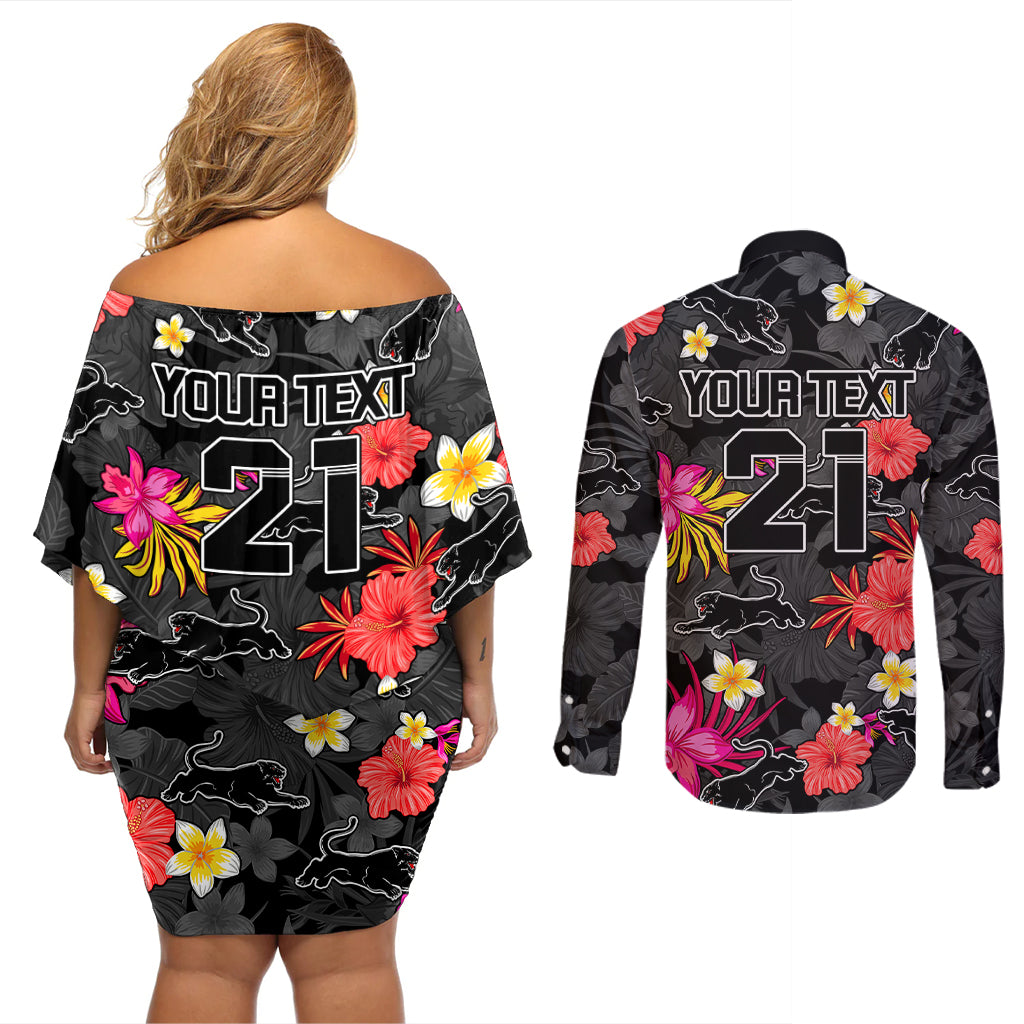 custom-panthers-rugby-couples-matching-off-shoulder-short-dress-and-long-sleeve-button-shirts-beautiful-floral-pattern-spring-summer-vibe