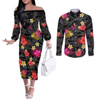 custom-panthers-rugby-couples-matching-off-the-shoulder-long-sleeve-dress-and-long-sleeve-button-shirts-beautiful-floral-pattern-spring-summer-vibe