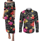 custom-panthers-rugby-couples-matching-puletasi-dress-and-long-sleeve-button-shirts-beautiful-floral-pattern-spring-summer-vibe