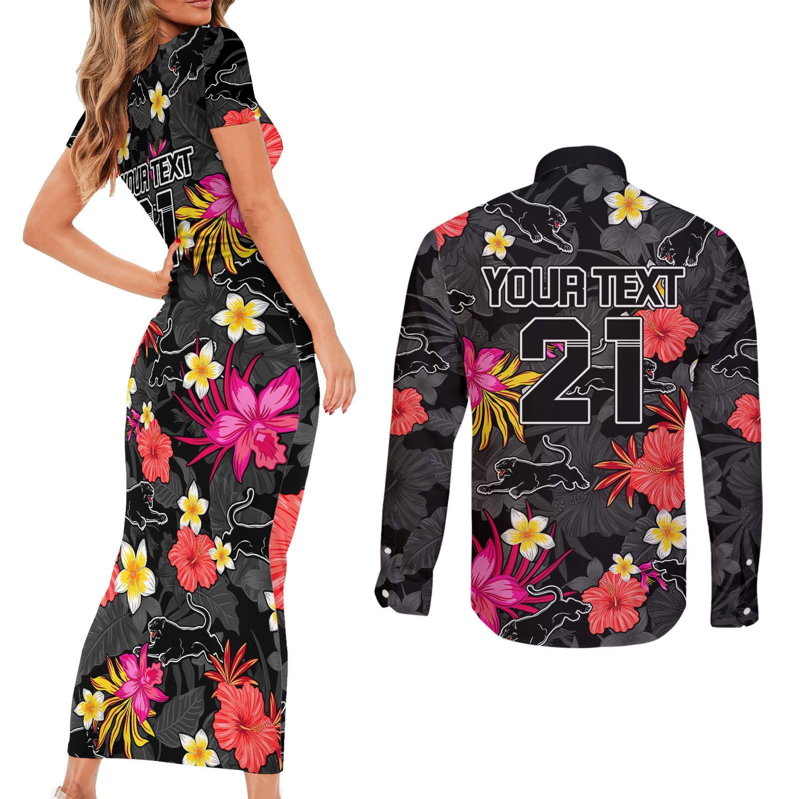 custom-panthers-rugby-couples-matching-short-sleeve-bodycon-dress-and-long-sleeve-button-shirts-beautiful-floral-pattern-spring-summer-vibe