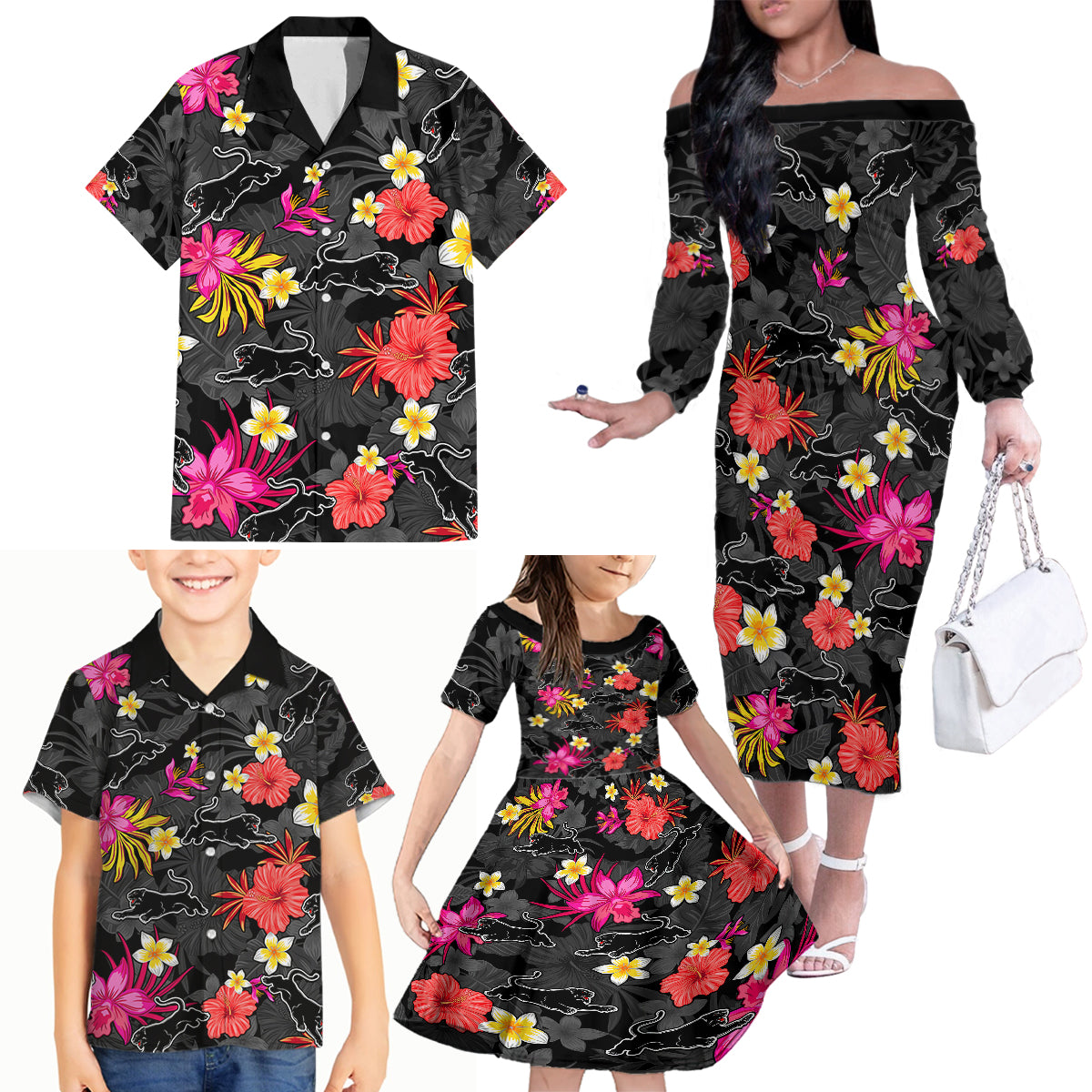 custom-panthers-rugby-family-matching-off-shoulder-long-sleeve-dress-and-hawaiian-shirt-beautiful-floral-pattern-spring-summer-vibe