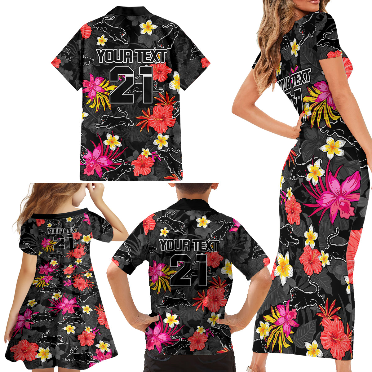 custom-panthers-rugby-family-matching-short-sleeve-bodycon-dress-and-hawaiian-shirt-beautiful-floral-pattern-spring-summer-vibe