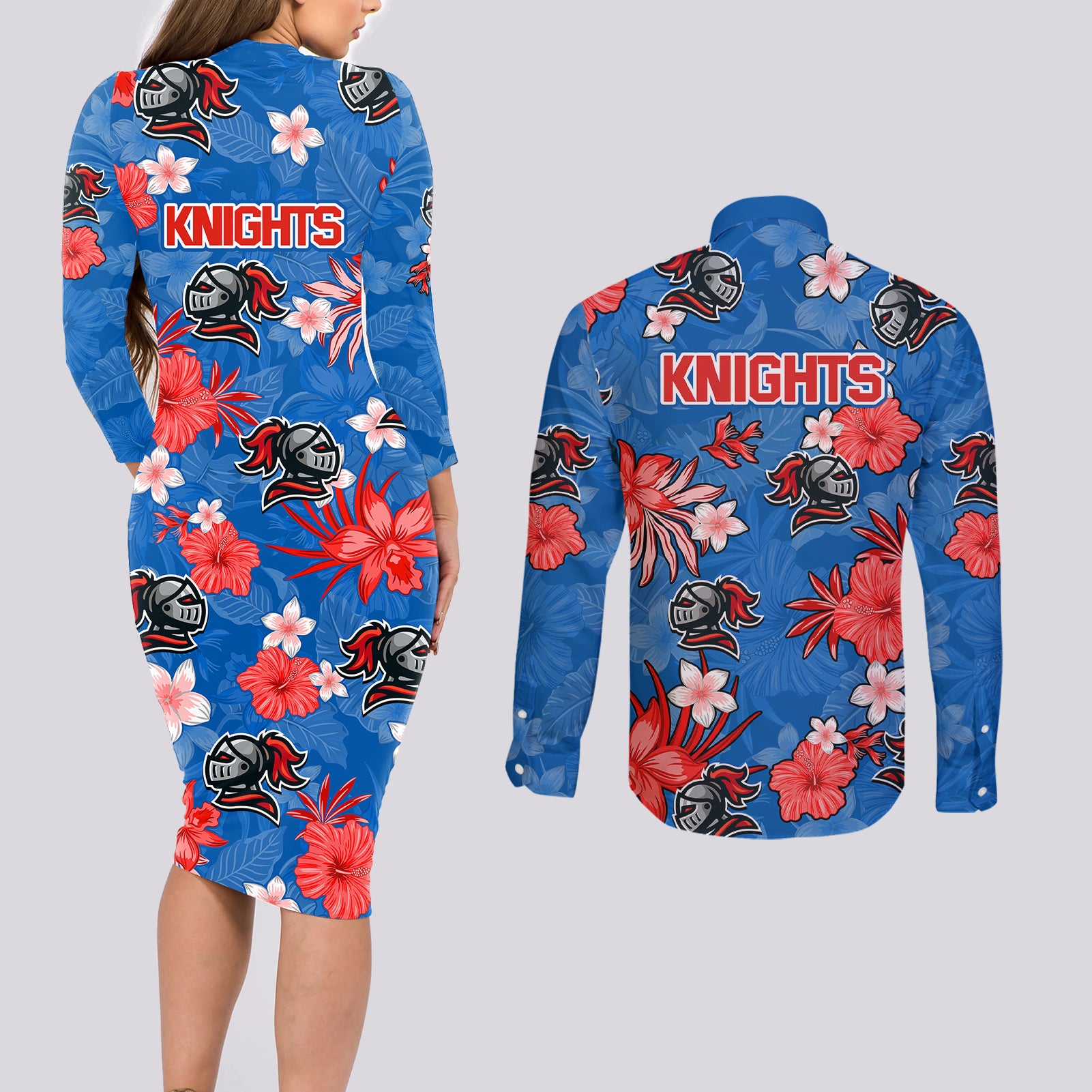 knights-rugby-couples-matching-long-sleeve-bodycon-dress-and-long-sleeve-button-shirts-beautiful-floral-pattern-spring-summer-vibe