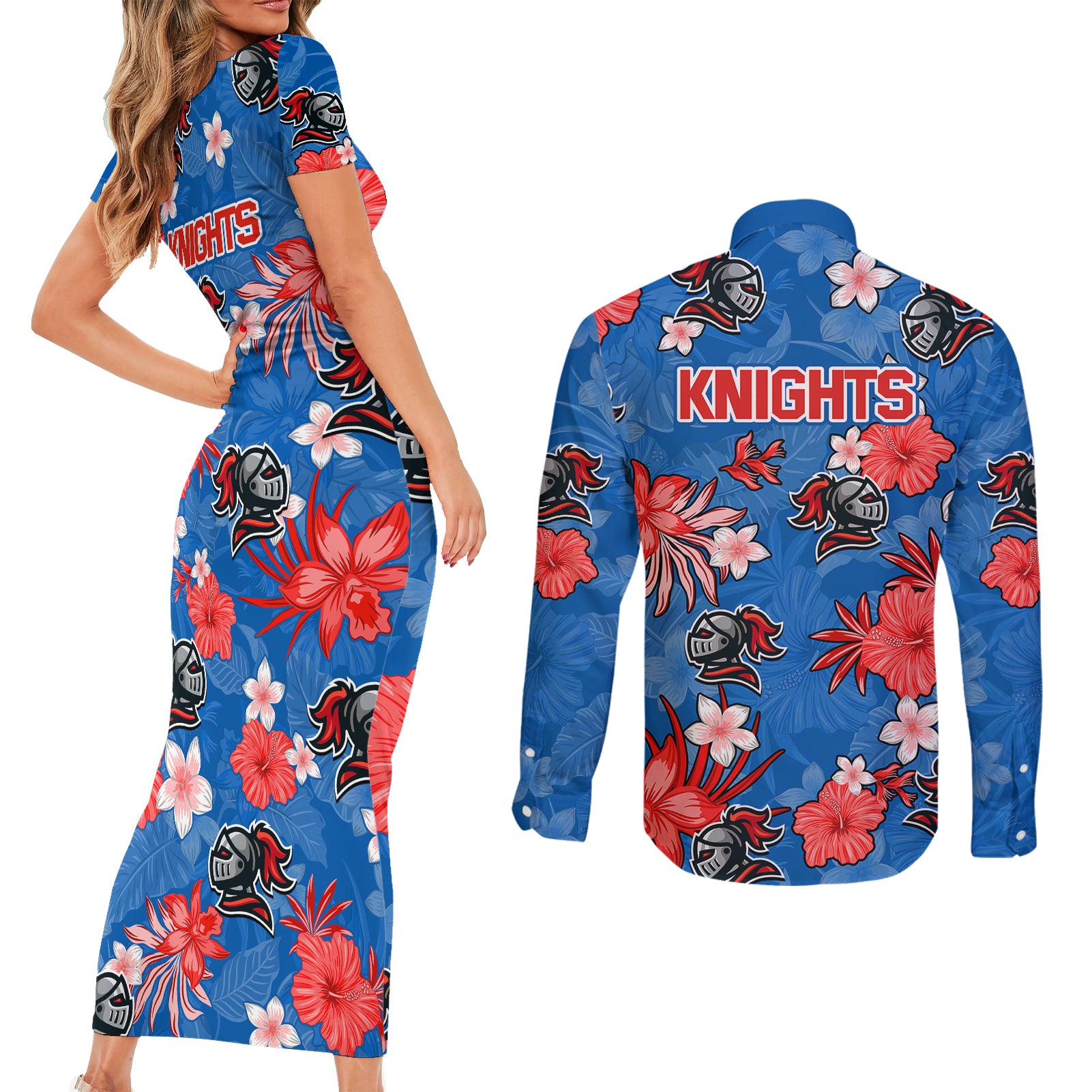 knights-rugby-couples-matching-short-sleeve-bodycon-dress-and-long-sleeve-button-shirts-beautiful-floral-pattern-spring-summer-vibe