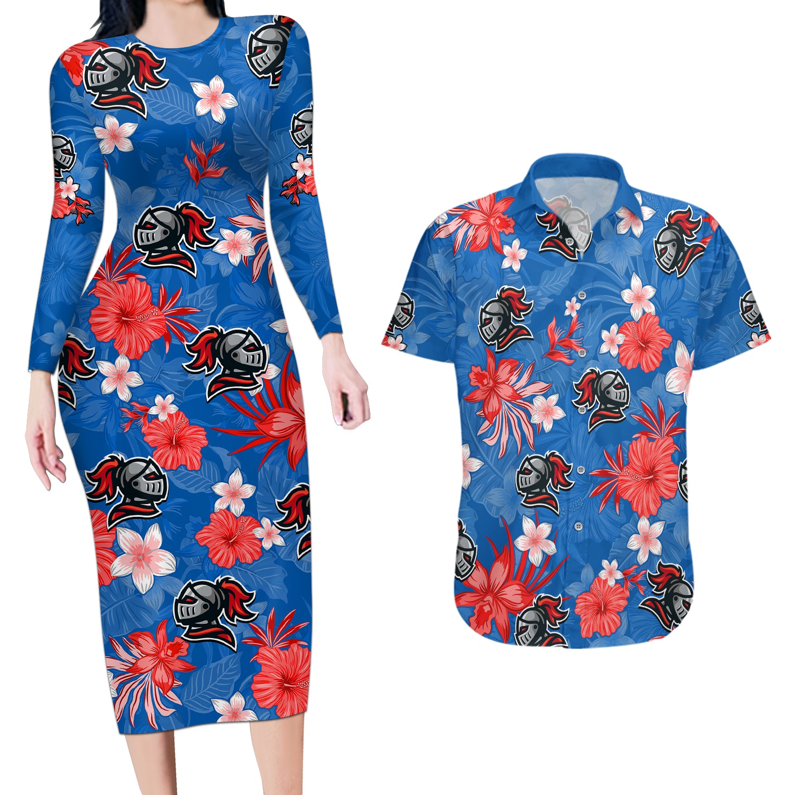 custom-knights-rugby-couples-matching-long-sleeve-bodycon-dress-and-hawaiian-shirt-beautiful-floral-pattern-spring-summer-vibe