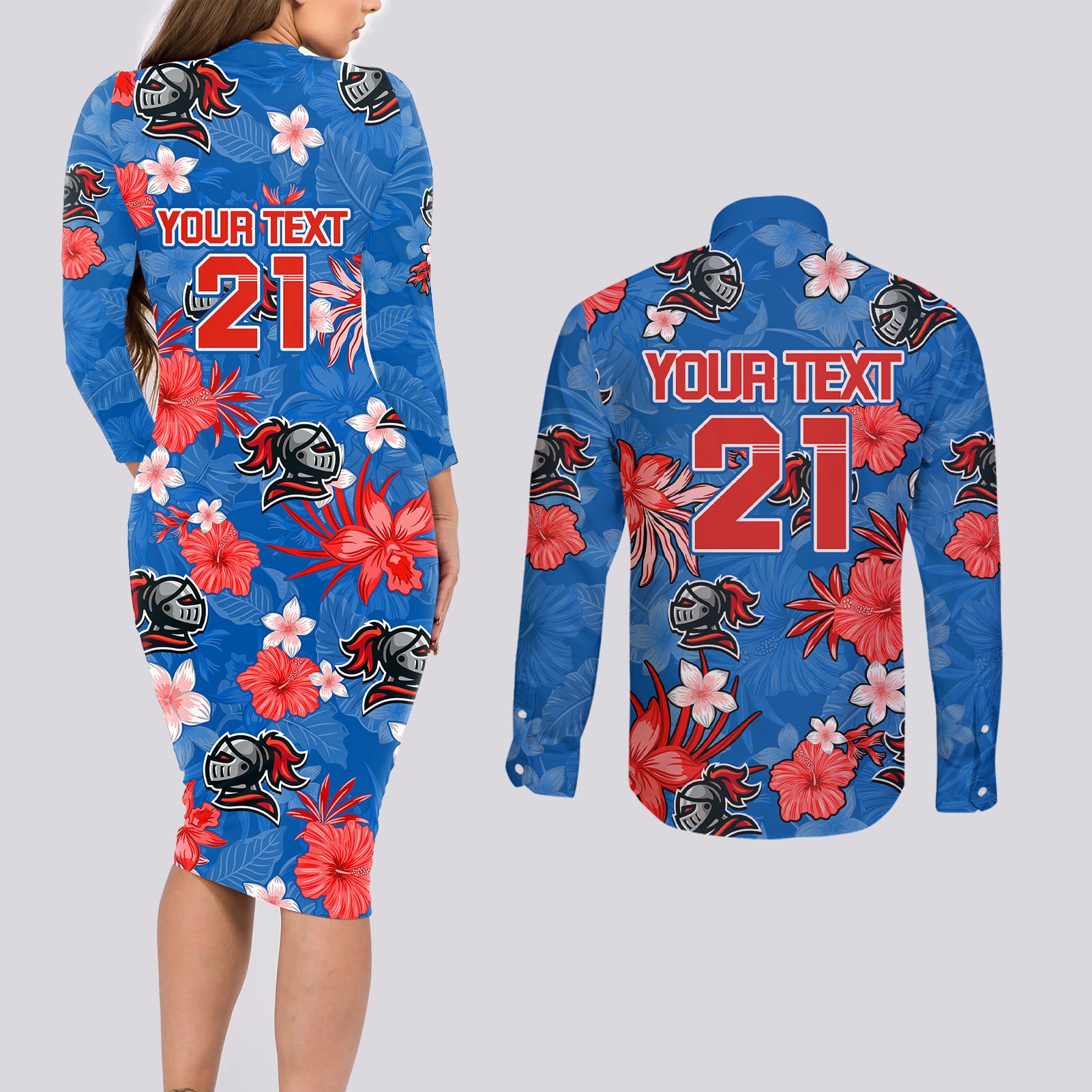 custom-knights-rugby-couples-matching-long-sleeve-bodycon-dress-and-long-sleeve-button-shirts-beautiful-floral-pattern-spring-summer-vibe