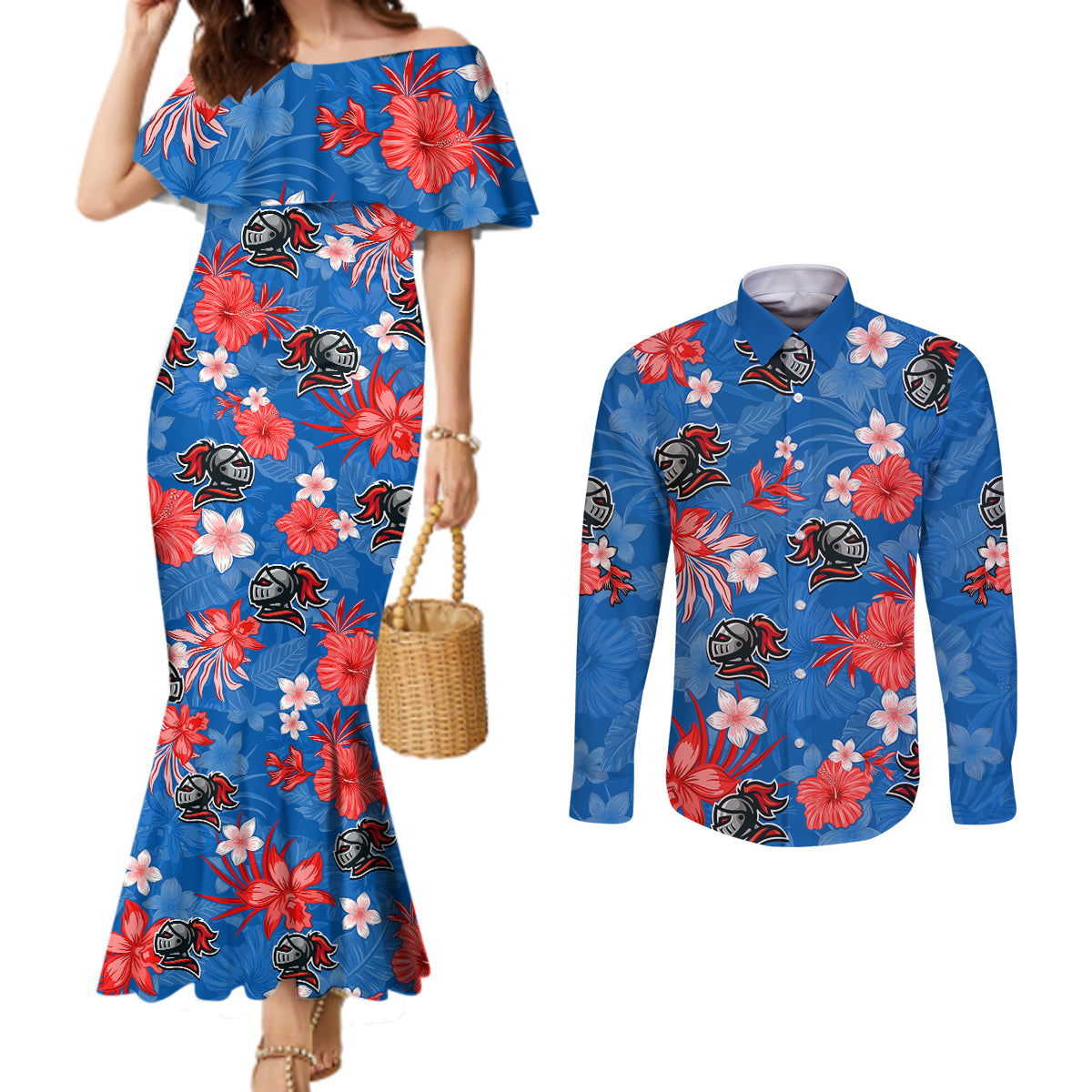 custom-knights-rugby-couples-matching-mermaid-dress-and-long-sleeve-button-shirts-beautiful-floral-pattern-spring-summer-vibe